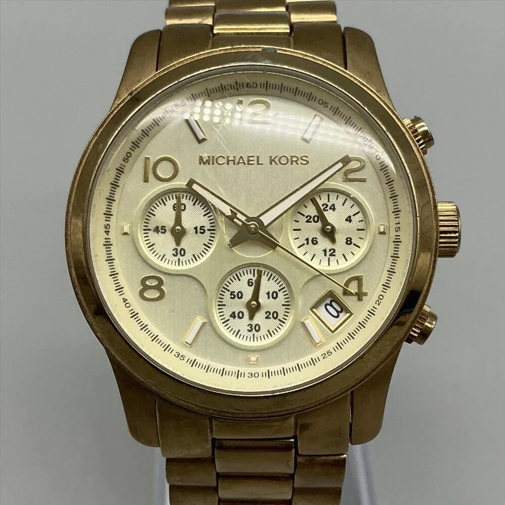 Michael Kors MK-5055 Womens Watch 37mm Gold Tone Chronograph New Battery 6.75